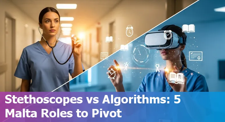 Healthcare worker reviewing AI-assisted medical records on a tablet in a Maltese clinic.