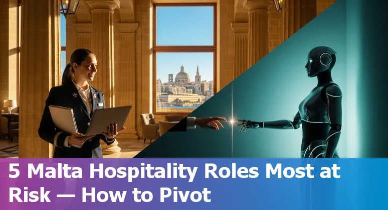 Icons of a hotel receptionist, waiter, housekeeper and accountant representing hospitality jobs in Malta adapting to AI.
