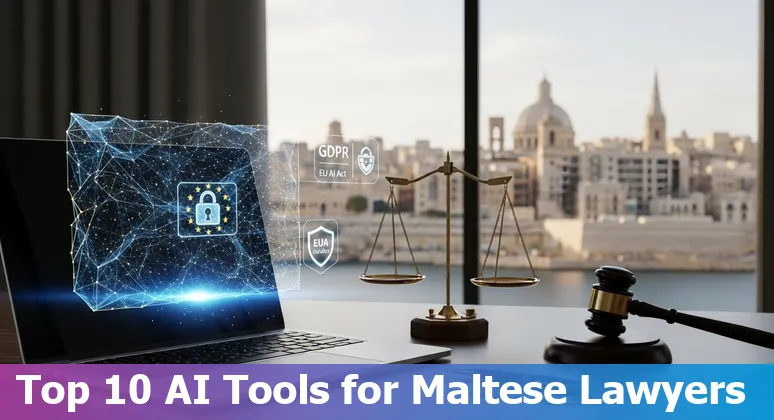 Collage of legal AI tools logos and Maltese flag representing AI adoption by Malta law firms in 2025