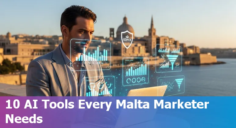 Collage of logos for Jasper, MarketMuse, Ahrefs, Drift, Seventh Sense, Grammarly, Ocoya, InVideo, HubSpot and ClickUp over a Malta map background