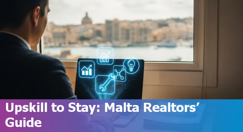 Real estate agent using a tablet with AI overlays and the Malta skyline in the background