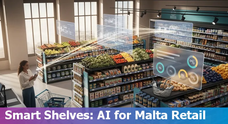 Valletta shopfront with AI analytics and multilingual chat icons overlay representing retail AI use cases in Malta