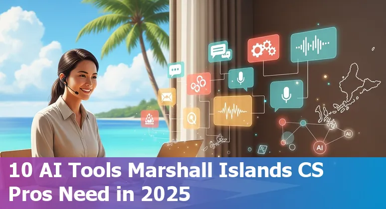 Collage of AI customer service tool logos, a support agent using chat on a laptop, and a Marshall Islands flag overlay