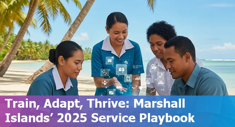 Customer service agent using AI tools on laptop with a Marshall Islands map in the background
