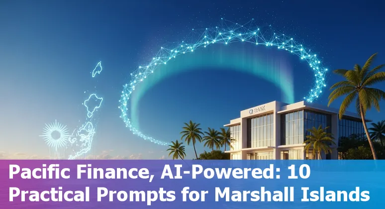 Illustration of AI use cases in Marshall Islands financial services showing bank, ship registry, chatbot, and compliance dashboard