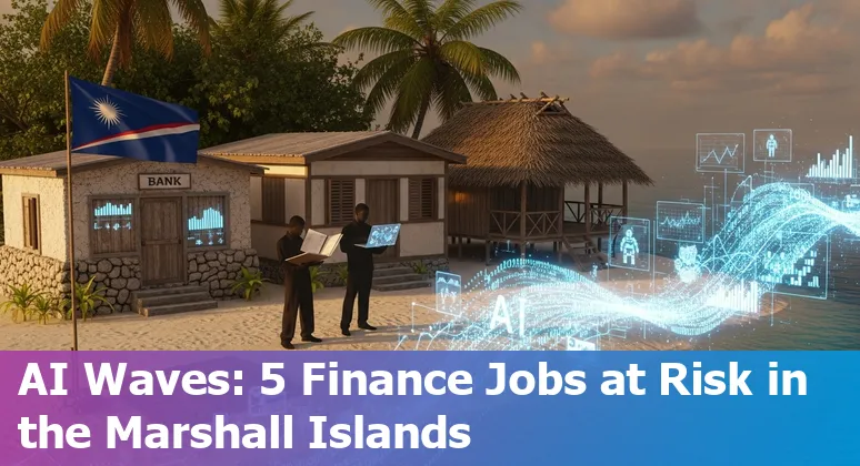 Marshall Islands bank staff using laptop with AI chatbot and financial charts overlay