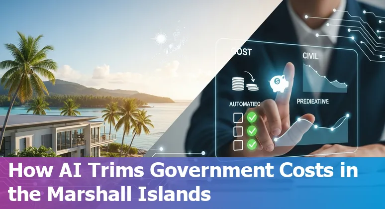 Marshall Islands government official reviewing an AI budget dashboard showing cost savings and efficiency for the Marshall Islands