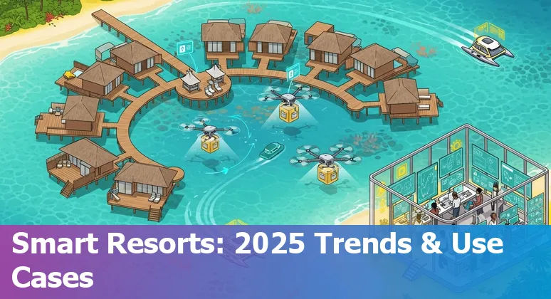Hotel front desk with AI kiosk and Majuro lagoon view, Marshall Islands — AI in hospitality 2025