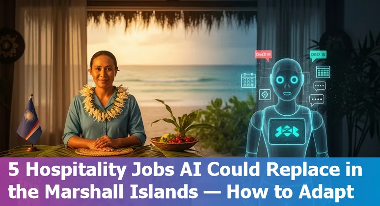 Hotel front desk, accountant and housekeeper collaborating with a tablet showing AI tools in a Pacific island resort