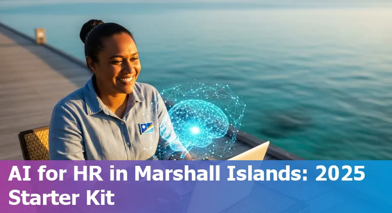 HR professional using AI dashboard on laptop with Marshall Islands flag and office setting in Marshall Islands
