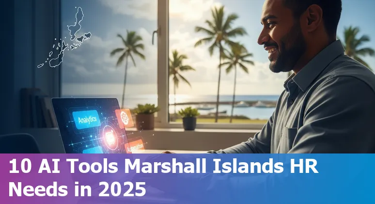 HR professional viewing AI HR tool dashboards (Paradox, Eightfold, SeekOut) on a laptop in Marshall Islands office