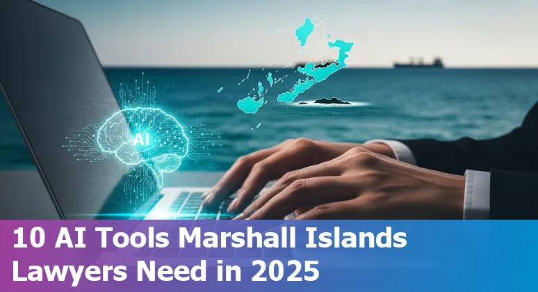 Marshall Islands lawyer using AI tools on a laptop with legal documents and the Marshall Islands flag in the background
