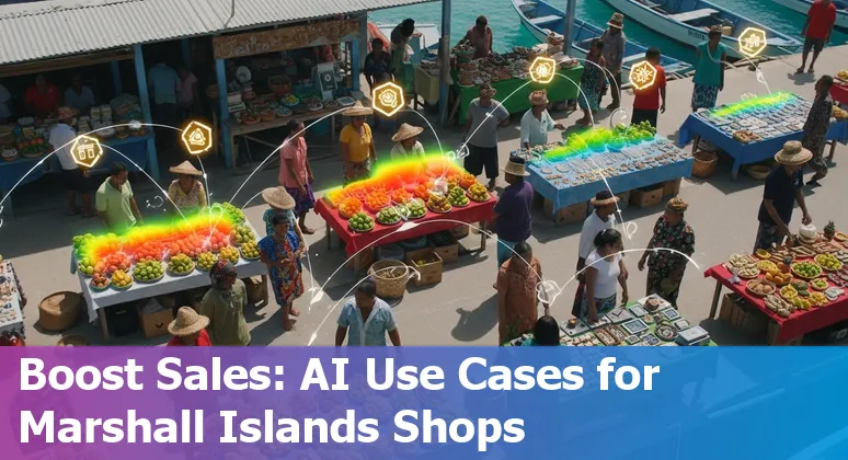 Retail store in the Marshall Islands with AI icons representing checkout, inventory, and customer service