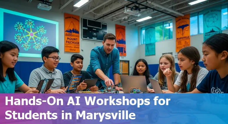 Students and a teacher using AI tools on laptops in a Marysville, Washington classroom in 2025