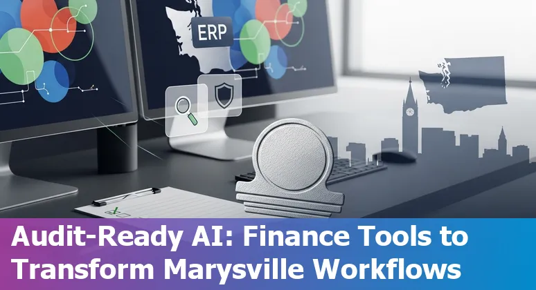 Finance professional using AI tools on laptop with Marysville skyline in background