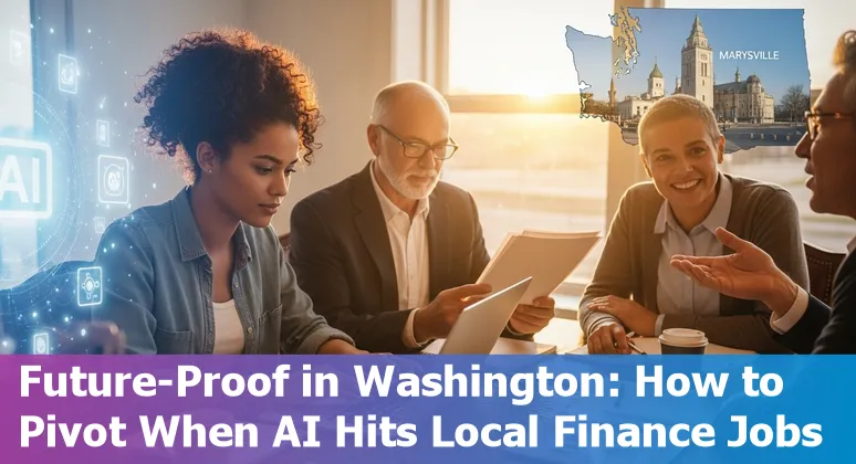 Financial services workers in Marysville discussing reskilling options with AI icons and local map of Marysville, Washington.