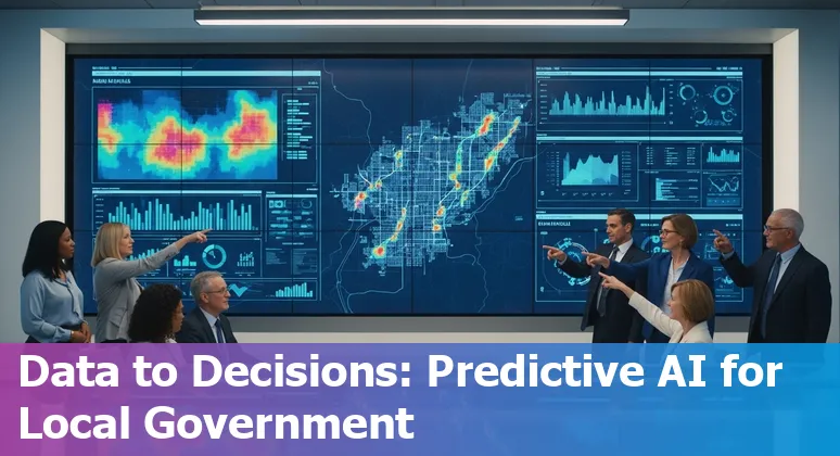 City of Marysville government staff using AI chatbots and analytics on laptop screens, with civic buildings in background.