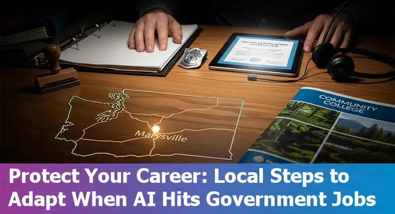 Marysville city government worker at a desk with AI overlay icons representing automation risks and retraining pathways.
