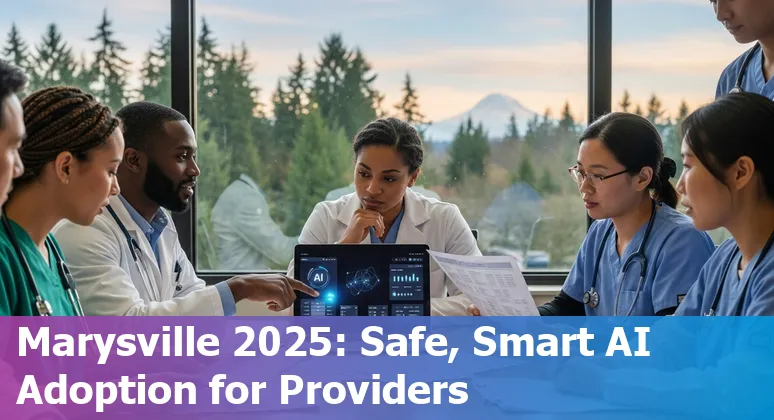 Healthcare AI overview graphic for Marysville, Washington in 2025 showing clinicians, AI tools, and local hospital skyline