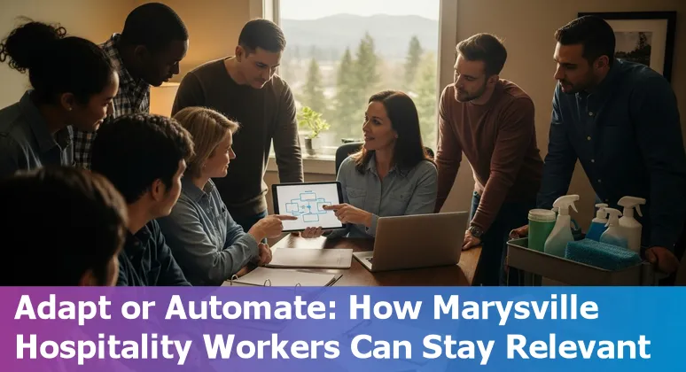 Marysville hotel lobby with a front desk, housekeeping cart, and a cleaning robot showing AI's impact on hospitality jobs.