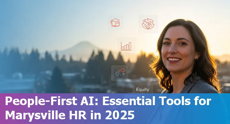 Collage of HR professionals using AI tools on laptops with Marysville skyline in the background.