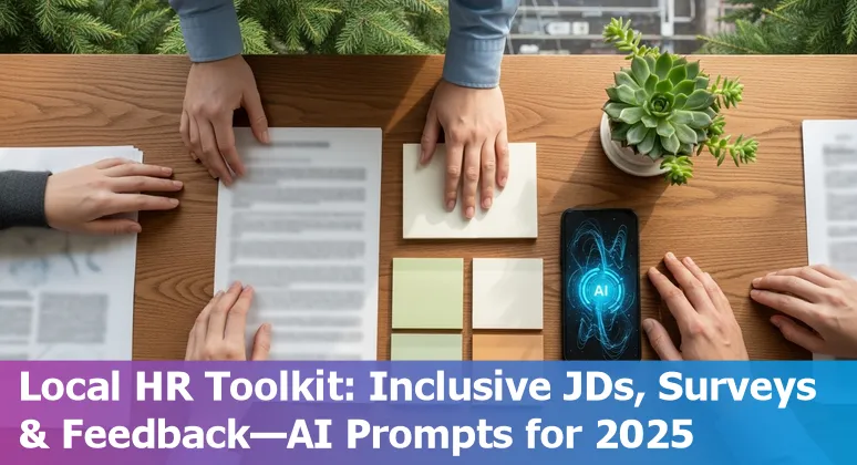 HR professional in Marysville using AI prompts on a laptop with Marysville skyline visible