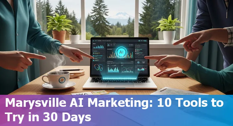 Marysville marketer using AI tools like GPT-4, Canva, and Surfer SEO on a laptop with local skyline in the background.