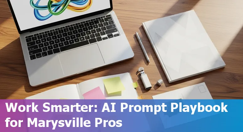 Marketing professional using AI prompts on a laptop with Marysville skyline in the background