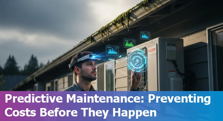 Marysville Washington real estate agent using AI tools on a laptop showing predictive maintenance and virtual staging