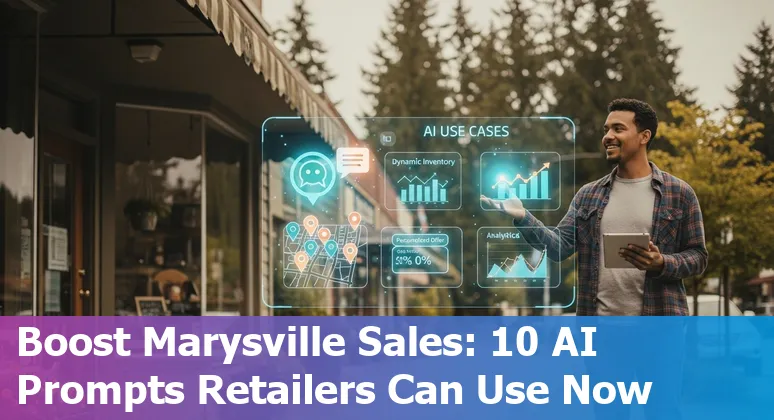 Marysville retail storefront with AI icons for inventory, chatbot, visual search and cashier-free checkout
