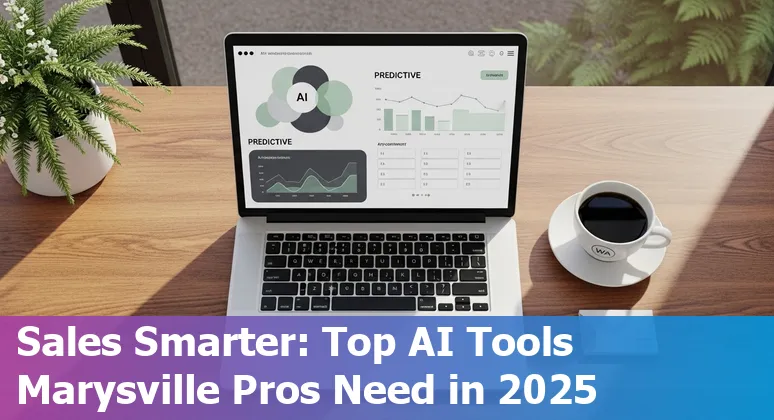 Sales professional using AI tools dashboard with icons for Forecastio, DaveAI, Artisan AI, Copy.ai and Salesforce in Marysville setting.