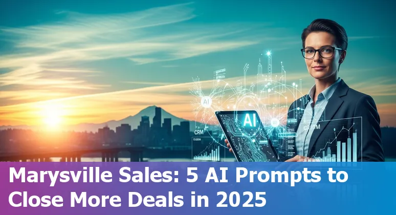 Sales professional using AI prompts on a laptop with Marysville skyline in the background