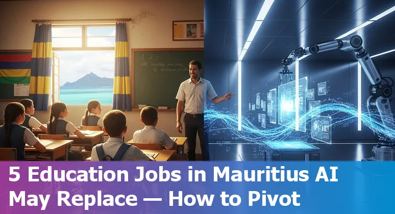 Mauritian teacher using AI tools beside icons for admissions, grading, tutoring, curriculum design and library services
