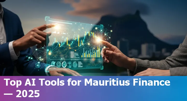 Mauritian finance professional using AI tools on a laptop with financial charts and Mauritius map in background
