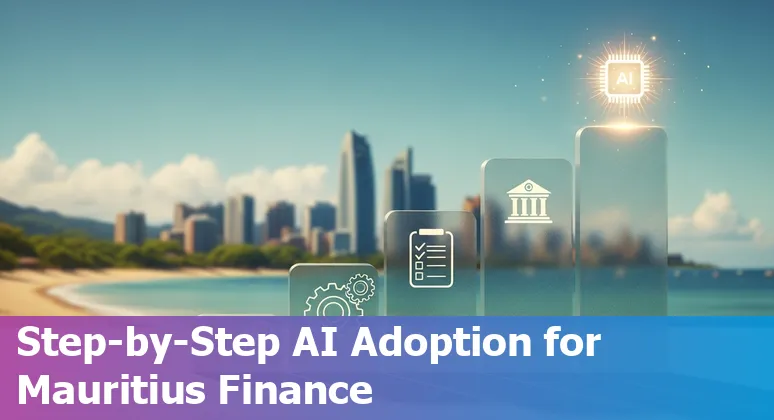Graphic showing AI for financial services in Mauritius: bank icons, chatbot, and Mauritius map overlay
