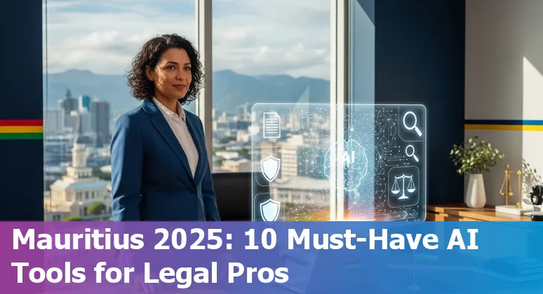 Mauritian lawyers using AI tools on laptops with legal documents and Mauritius flag