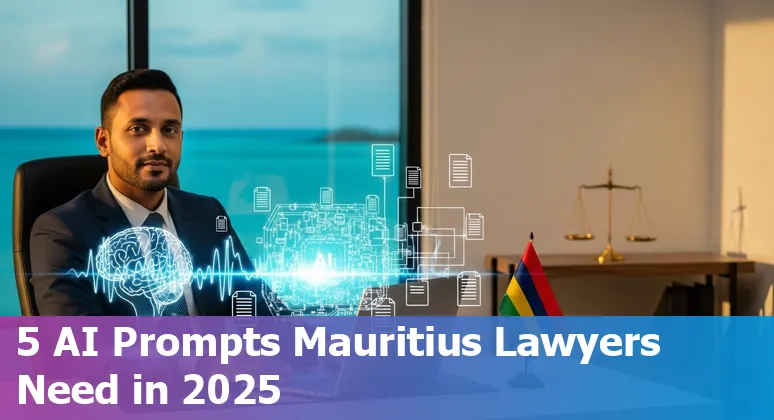 Mauritius lawyer using AI on laptop with legal documents and Mauritian flag on desk