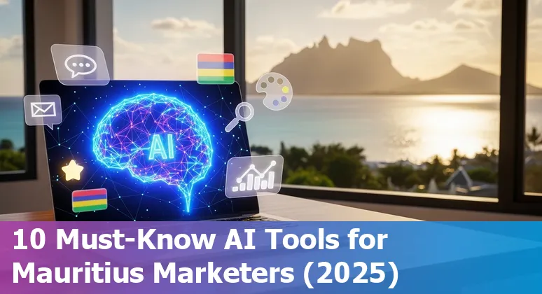 Collage of AI marketing tools logos (ChatGPT, Claude, Jasper, HubSpot, SEMRush, Canva) over a map of Mauritius.