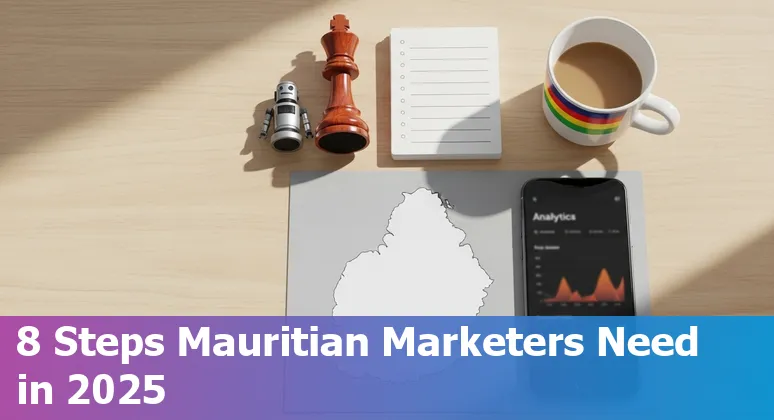 Mauritius marketer using AI tools on a laptop with the Port Louis skyline in the background