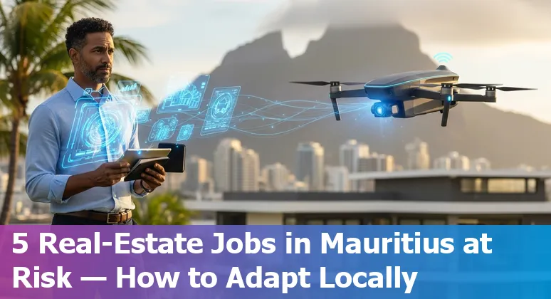 Mauritius real estate agent using AI tools beside property listings and a map of Mauritius