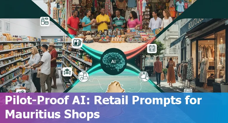 Shopfront in Port Louis with AI icons overlay showing personalization, forecasting and chatbots