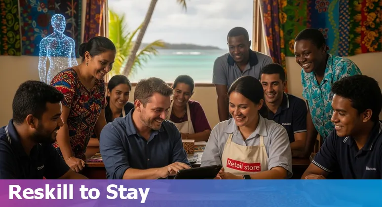 Mauritian retail worker learning digital skills with POS terminal and chatbot icons