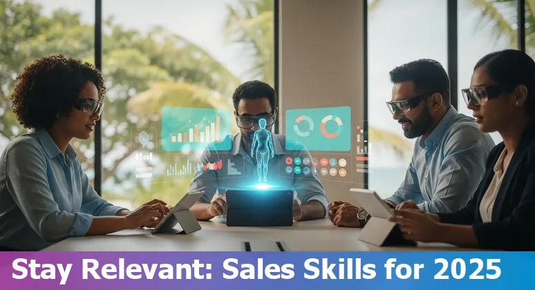 Illustration of AI and human sales teamwork in Mauritius showing a Mauritian salesperson using AI tools