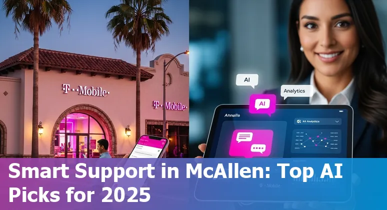 Customer service agent in McAllen using AI tools on a laptop with McAllen skyline in background