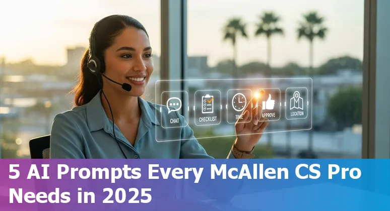 Customer service agent in McAllen using AI prompts on a laptop with bilingual English-Spanish notes.