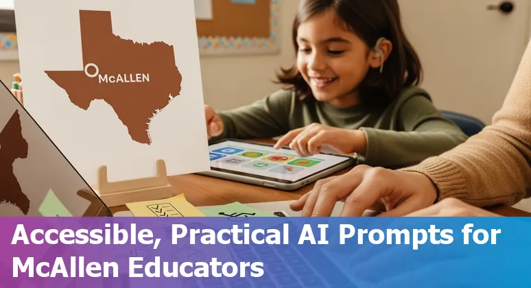 Teacher using AI tools on a laptop with McAllen school building in the background