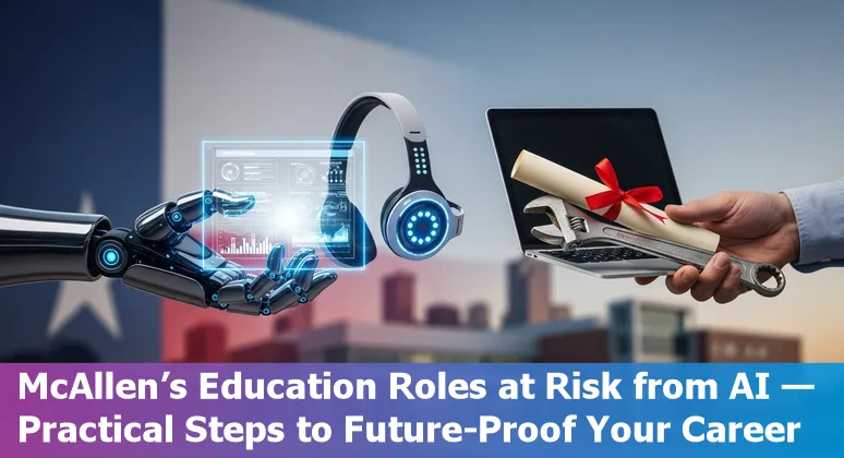 Teacher at computer with AI icons, McAllen skyline in background, representing jobs at risk and reskilling pathways.