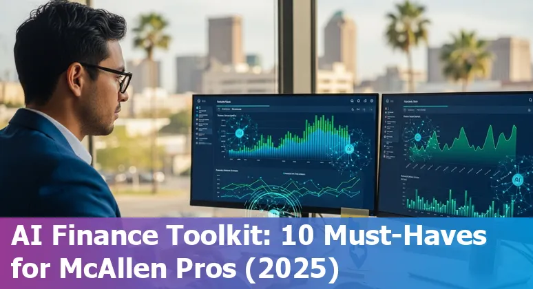 Collage of AI tools icons overlaid on McAllen, Texas skyline, with finance charts and a laptop.