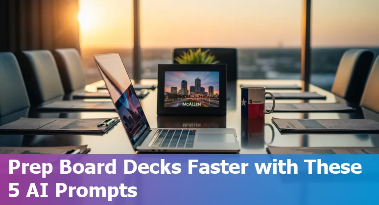 Finance professional using AI prompts on a laptop with McAllen skyline and financial charts in the background