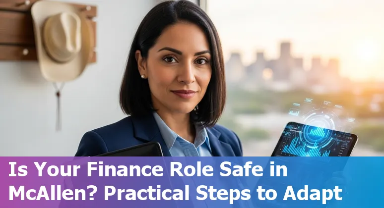McAllen financial workers using laptop and bilingual customer service in a bank branch, with AI icons overlay.